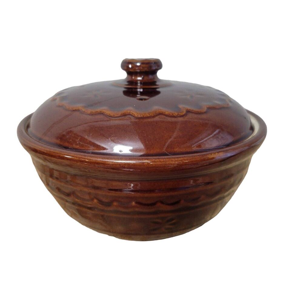 Vintage Marcrest Oven Proof Stoneware Bowl 8" with Lid Daisy Dot Brown Dutch EUC